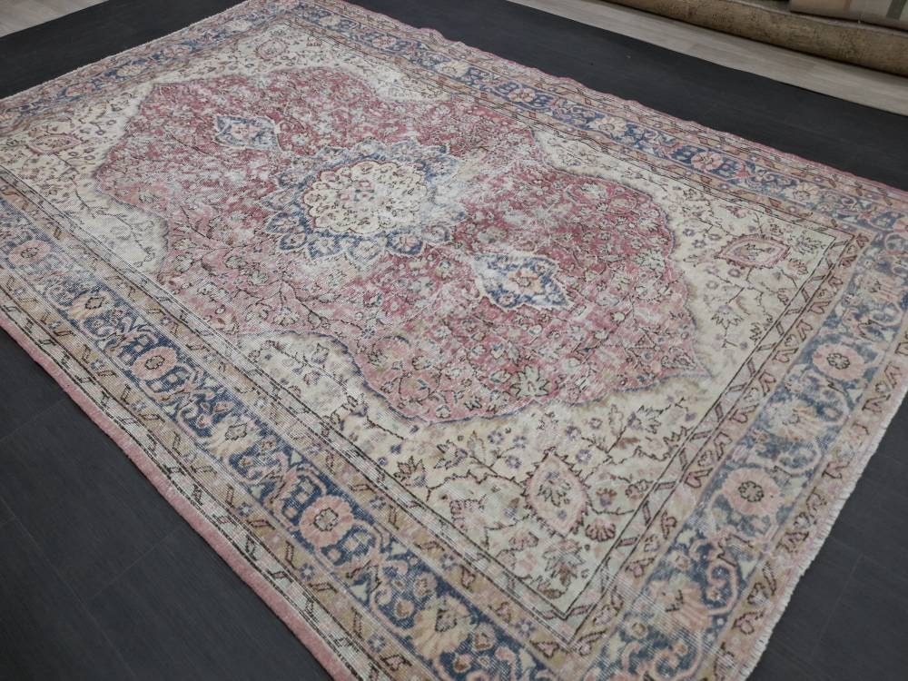 Vintage Turkish Rug 6.6 x 10 Red Vintage Persian Rug Muted Vintage Rug Wool Muted Oushak Rug Hand Made Rugs Vintage Distressed Turkish Rug
