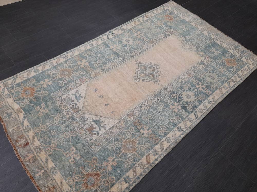 Muted Vintage RUG 3.7 x 6.6 TURKISH Rug Distressed Vintage  Rug Wool Oushak Rug Large Hand Made Rugs Vintage Turkish Rug Hand Knotted Rug