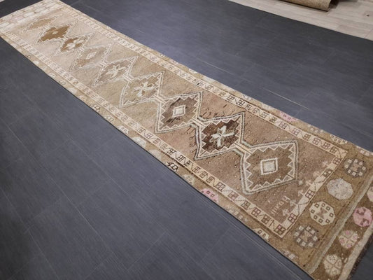 Neutral Vintage Runner Rug 2.6 x 13.4 Muted Turkish Runner Rug Oriental Runner Rug Hallway Runner Rug Kitchen Runner Rug XL Persian Runner
