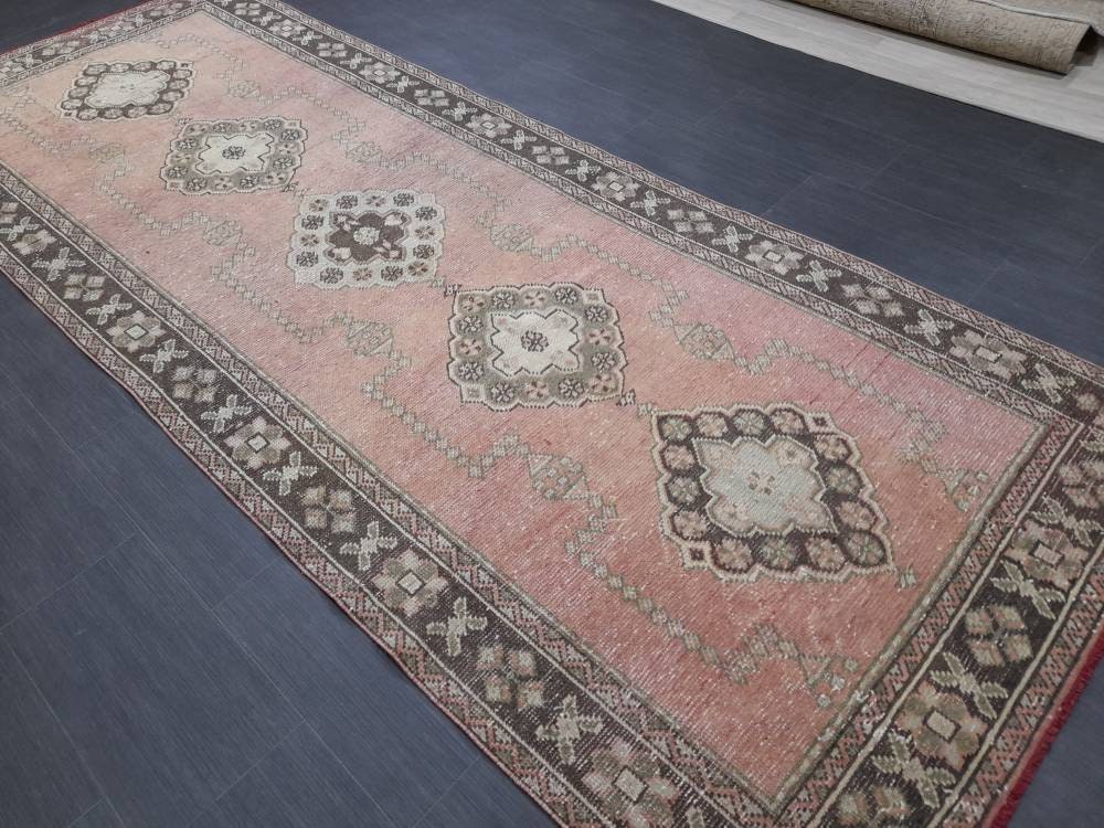 Muted Turkish Runner Rug 4.2 x 11 Muted Vintage Runner Rug Hand Made Runner Rug Pink Vintage Runner Rug Hallway Runner Rug Distressed Runner