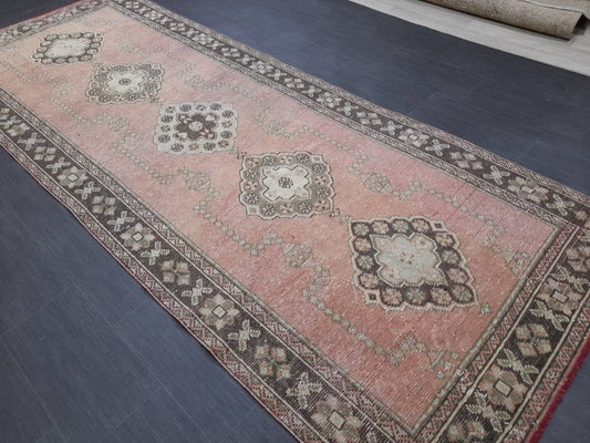 Muted Turkish Runner Rug 4.2 x 11 Muted Vintage Runner Rug Hand Made Runner Rug Pink Vintage Runner Rug Hallway Runner Rug Distressed Runner