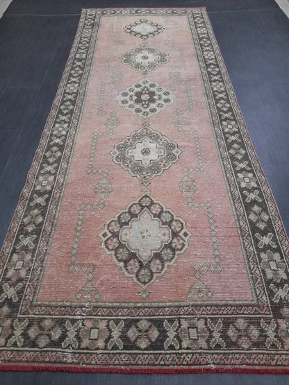 Muted Turkish Runner Rug 4.2 x 11 Muted Vintage Runner Rug Hand Made Runner Rug Pink Vintage Runner Rug Hallway Runner Rug Distressed Runner