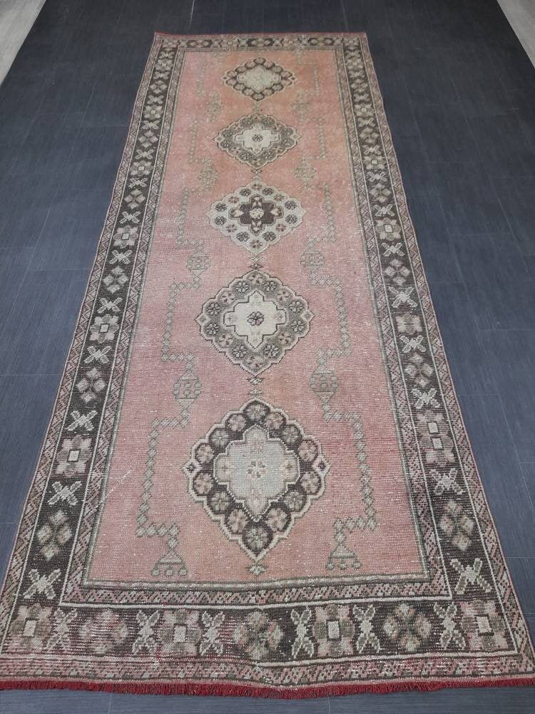 Muted Turkish Runner Rug 4.2 x 11 Muted Vintage Runner Rug Hand Made Runner Rug Pink Vintage Runner Rug Hallway Runner Rug Distressed Runner