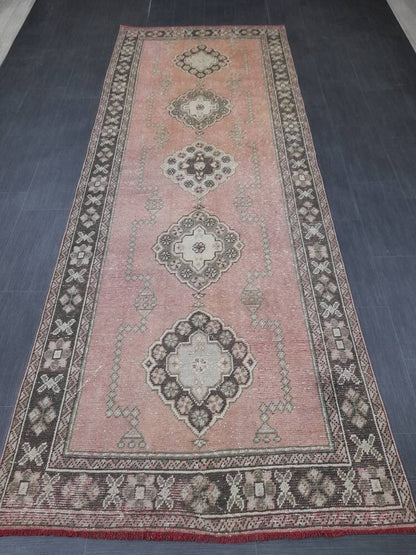 Muted Turkish Runner Rug 4.2 x 11 Muted Vintage Runner Rug Hand Made Runner Rug Pink Vintage Runner Rug Hallway Runner Rug Distressed Runner
