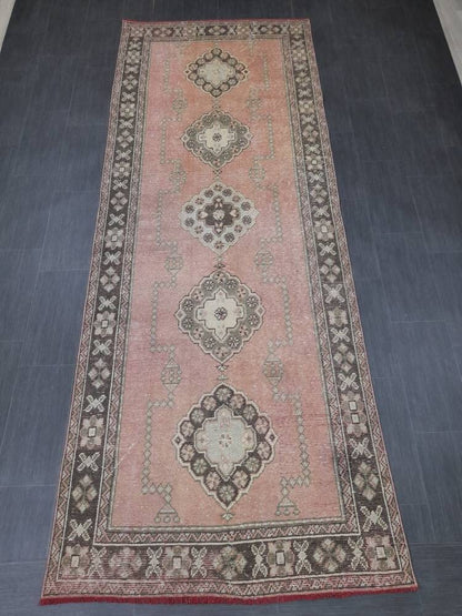 Muted Turkish Runner Rug 4.2 x 11 Muted Vintage Runner Rug Hand Made Runner Rug Pink Vintage Runner Rug Hallway Runner Rug Distressed Runner