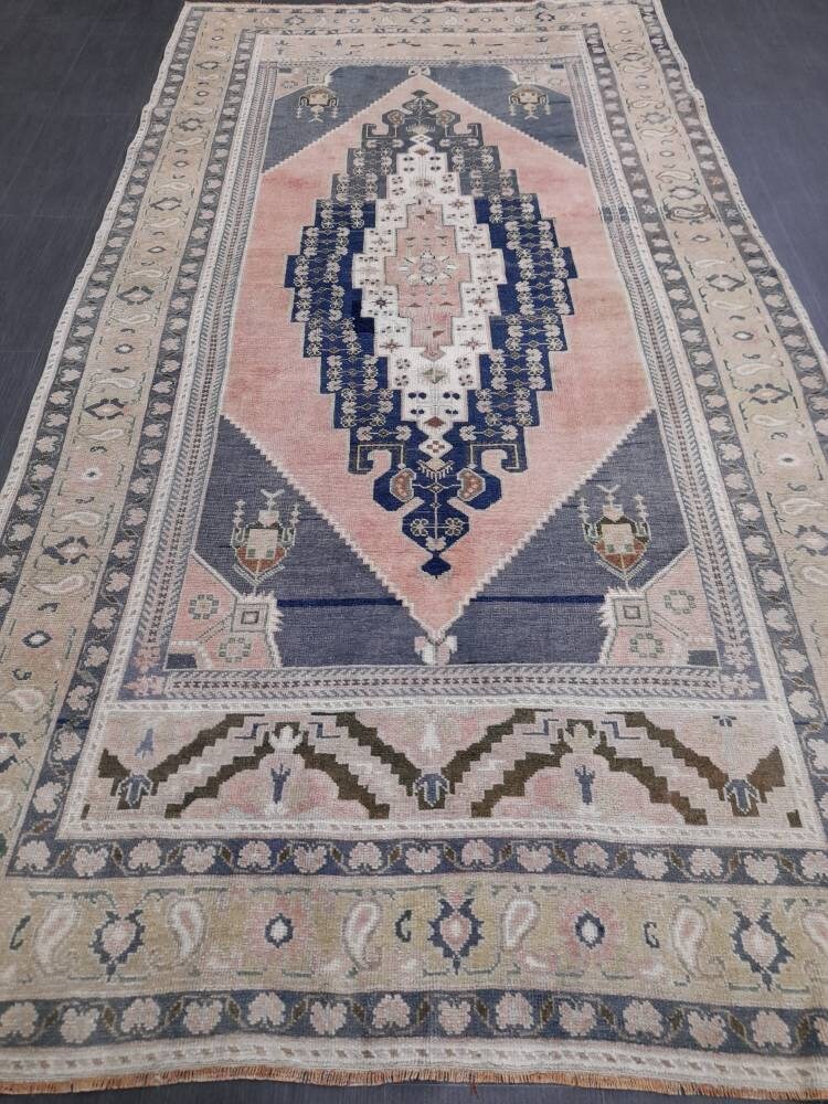 Blue and Pink Vintage Rug 5.2 x 10 Authentic Turkish Oushak Rug Hand Knotted Rug Rustic Rug, Wool Turkish Rug 5x10 Rug Oriental Rug