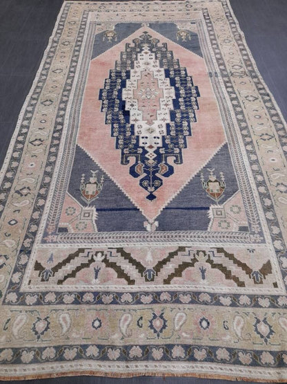 Blue and Pink Vintage Rug 5.2 x 10 Authentic Turkish Oushak Rug Hand Knotted Rug Rustic Rug, Wool Turkish Rug 5x10 Rug Oriental Rug