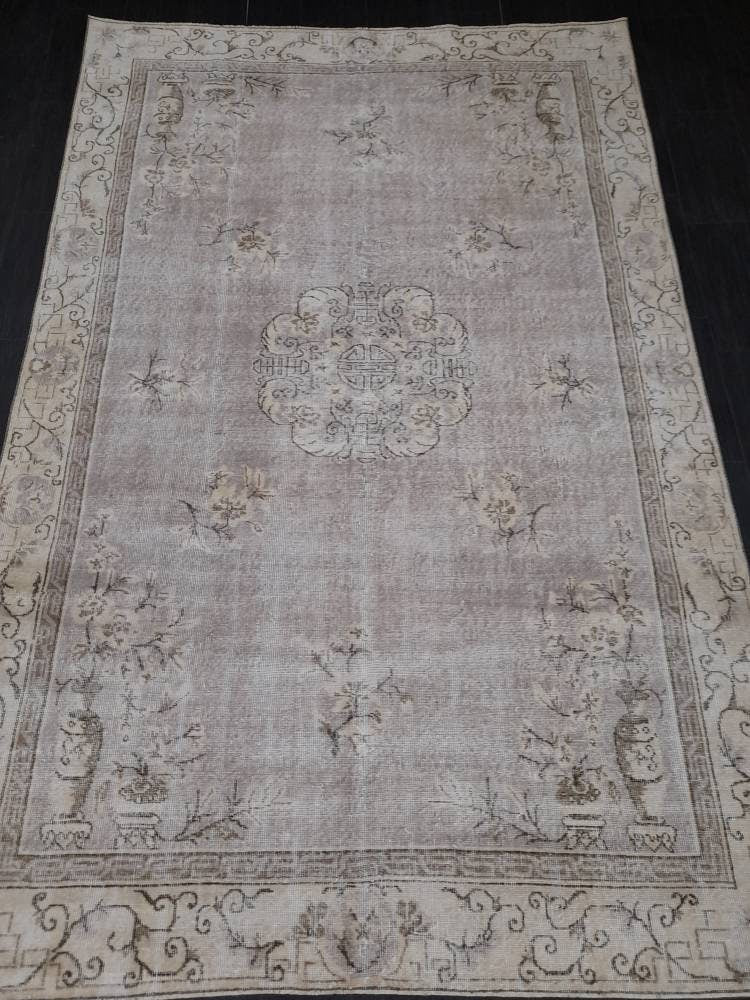 Muted Turkish Vintage Rug 6.5 x 10 Hand Knotted Oushak Rug Rustic Rug, Muted Rug, Vintage Turkish Rug Farmhouse Rug Vintage Rug Wool rug