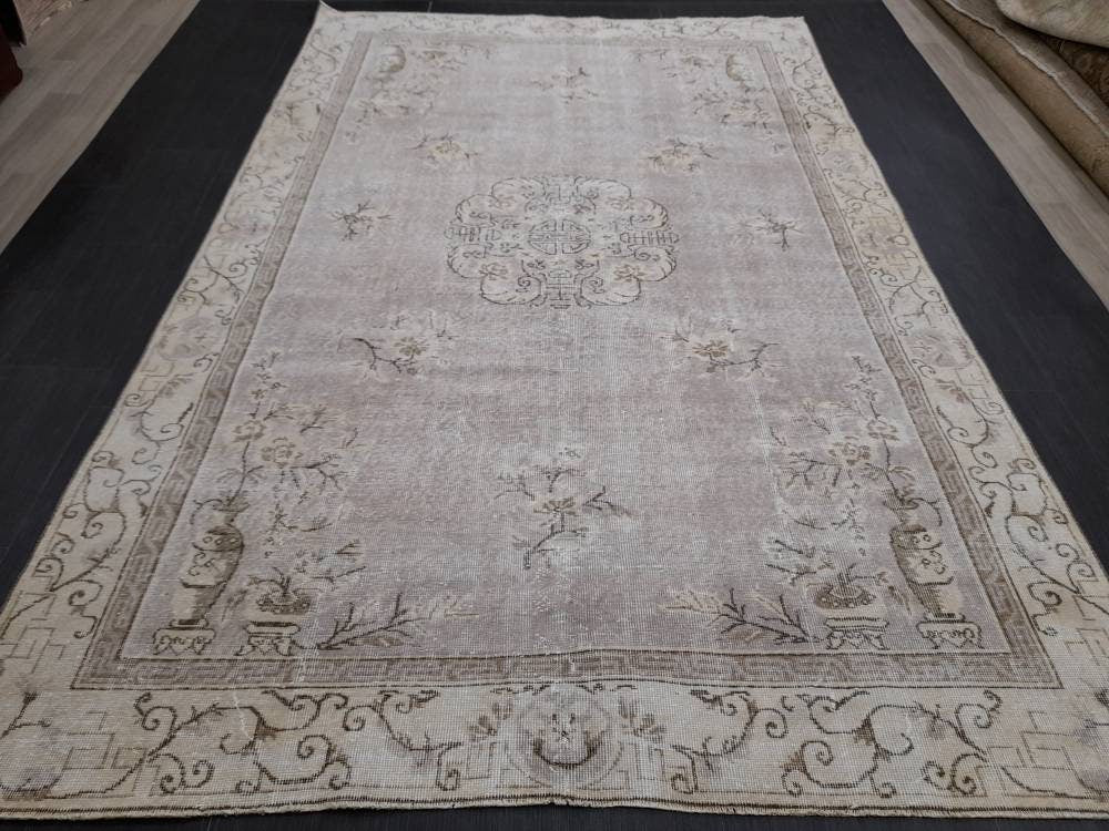 Muted Turkish Vintage Rug 6.5 x 10 Hand Knotted Oushak Rug Rustic Rug, Muted Rug, Vintage Turkish Rug Farmhouse Rug Vintage Rug Wool rug