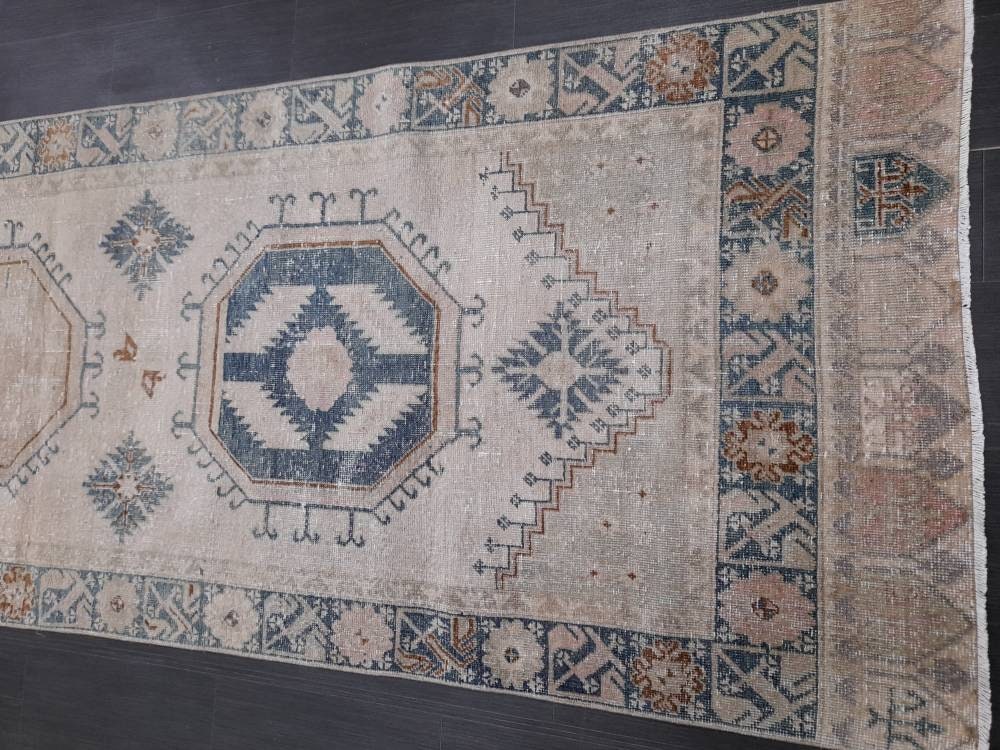 Muted Turkish Runner Rug 3.8 x 13 Oushak Runner Rug Vintage Runner Rug Hallway Runner Kitchen Runner Rug Wool Runner Rug Oriental Runner