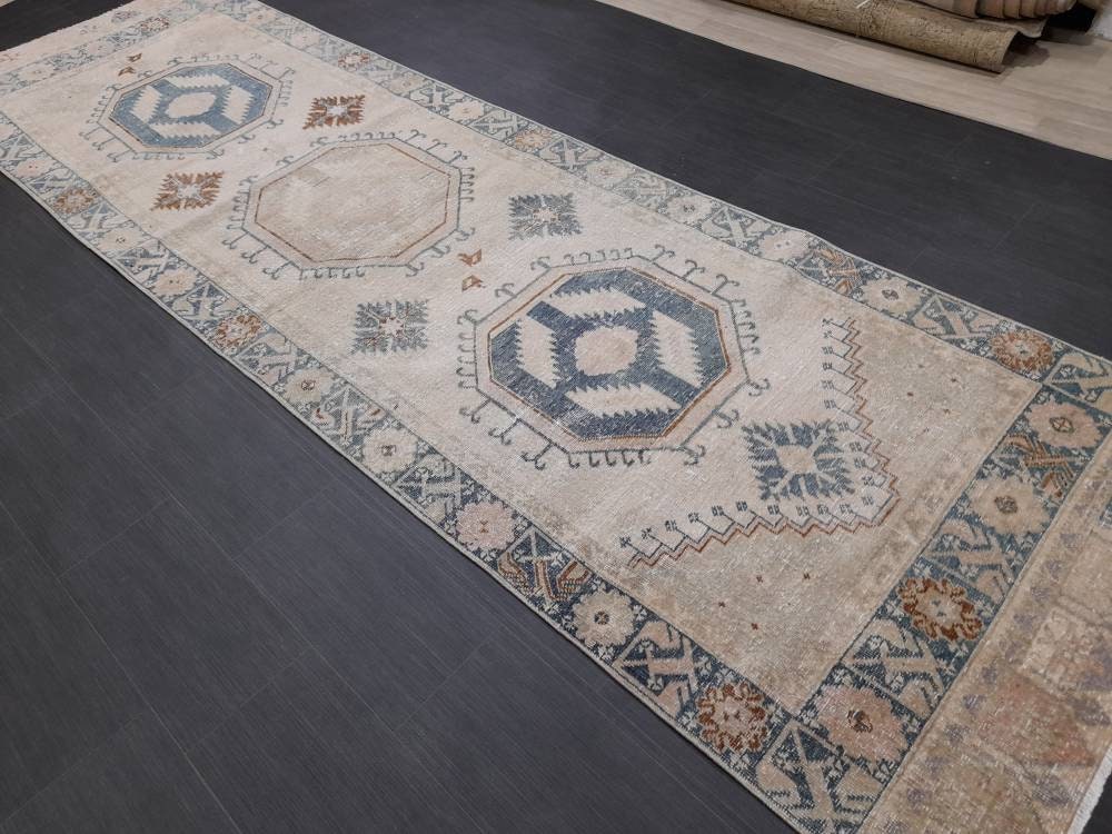Muted Turkish Runner Rug 3.8 x 13 Oushak Runner Rug Vintage Runner Rug Hallway Runner Kitchen Runner Rug Wool Runner Rug Oriental Runner