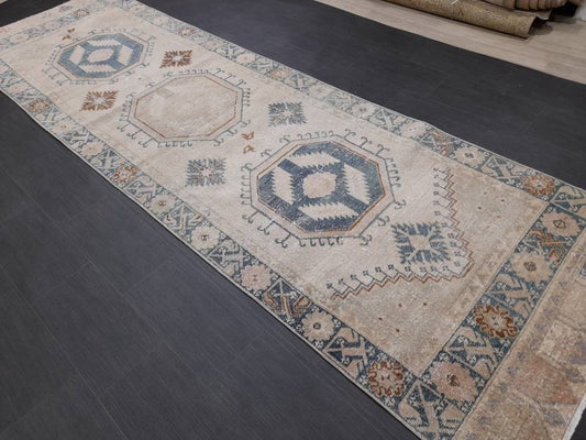 Muted Turkish Runner Rug 3.8 x 13 Oushak Runner Rug Vintage Runner Rug Hallway Runner Kitchen Runner Rug Wool Runner Rug Oriental Runner