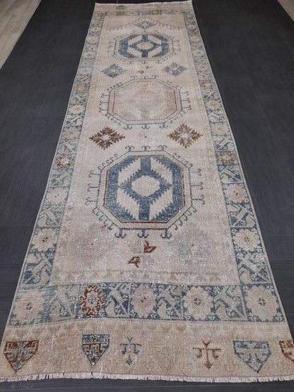 Muted Turkish Runner Rug 3.8 x 13 Oushak Runner Rug Vintage Runner Rug Hallway Runner Kitchen Runner Rug Wool Runner Rug Oriental Runner