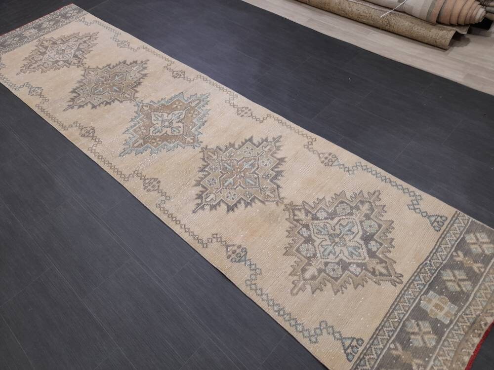Muted Turkish Oushak Runner Rug 2.8 x 11 Oushak Runner Rug Vintage Runner Rug Hallway Runner Kitchen Runner Rug Wool Runner Oriental Runner