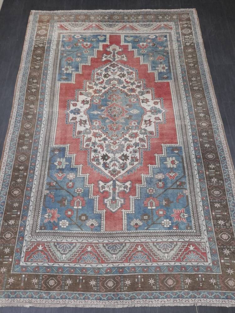 Oushak Rug 6.5 x 10 Blue And Red Persian Rug Vintage Rug Soft Wool Rug Antique Turkish Rug Muted  Quality Turkish Rug