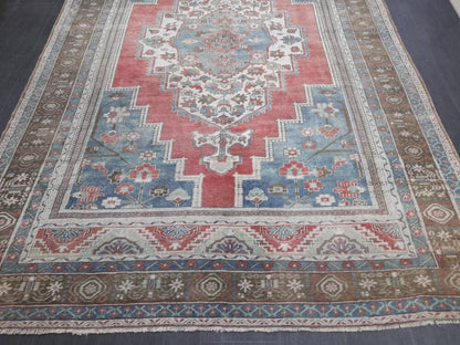 Oushak Rug 6.5 x 10 Blue And Red Persian Rug Vintage Rug Soft Wool Rug Antique Turkish Rug Muted  Quality Turkish Rug
