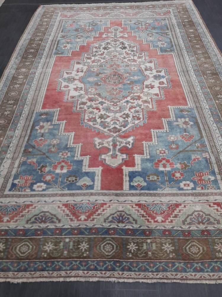 Oushak Rug 6.5 x 10 Blue And Red Persian Rug Vintage Rug Soft Wool Rug Antique Turkish Rug Muted  Quality Turkish Rug