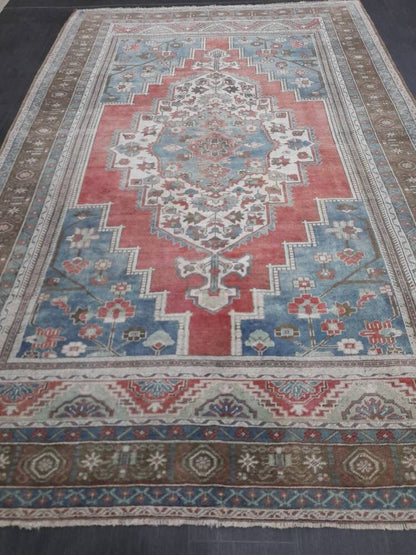 Oushak Rug 6.5 x 10 Blue And Red Persian Rug Vintage Rug Soft Wool Rug Antique Turkish Rug Muted  Quality Turkish Rug