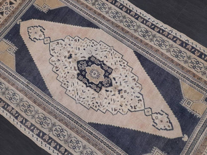 Vintage Hand Knotted Rug 3.9 x 7.4 Blue Oushak Rug Muted Rug, Vintage Turkish Rug, Oriental Rug, Vintage Rug,Soft Wool Navy Rug