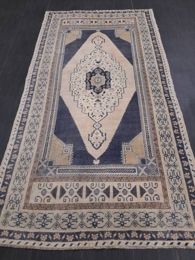 Vintage Hand Knotted Rug 3.9 x 7.4 Blue Oushak Rug Muted Rug, Vintage Turkish Rug, Oriental Rug, Vintage Rug,Soft Wool Navy Rug