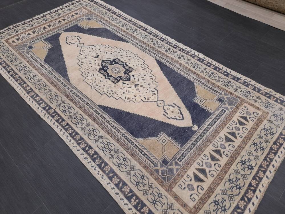 Vintage Hand Knotted Rug 3.9 x 7.4 Blue Oushak Rug Muted Rug, Vintage Turkish Rug, Oriental Rug, Vintage Rug,Soft Wool Navy Rug