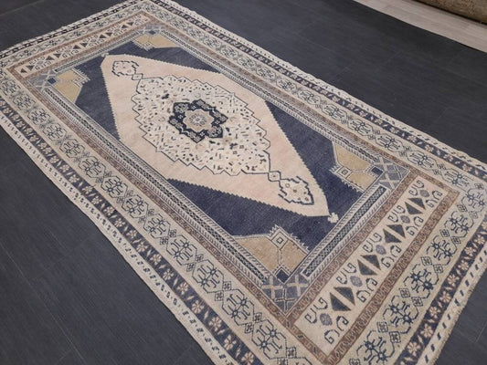 Vintage Hand Knotted Rug 3.9 x 7.4 Blue Oushak Rug Muted Rug, Vintage Turkish Rug, Oriental Rug, Vintage Rug,Soft Wool Navy Rug