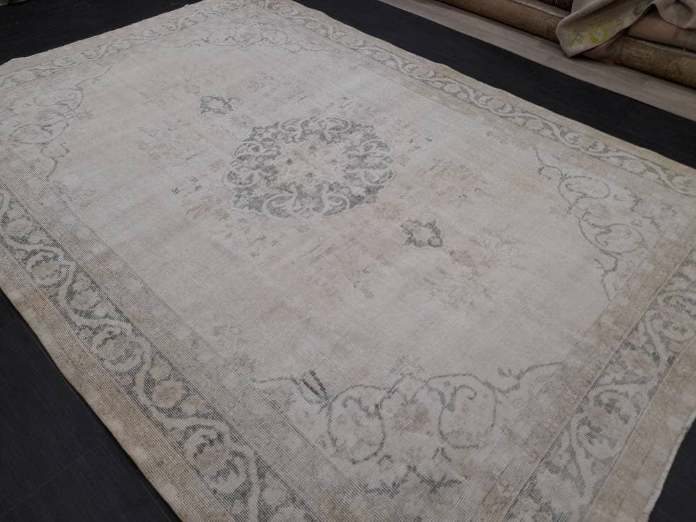 Muted Turkish Muted 6.8 x 10 Oushak Rug Large Area Rug Distressed Vintage Rug Oushak Rug 7 by 10 Muted Rug Hand Knotted Rug