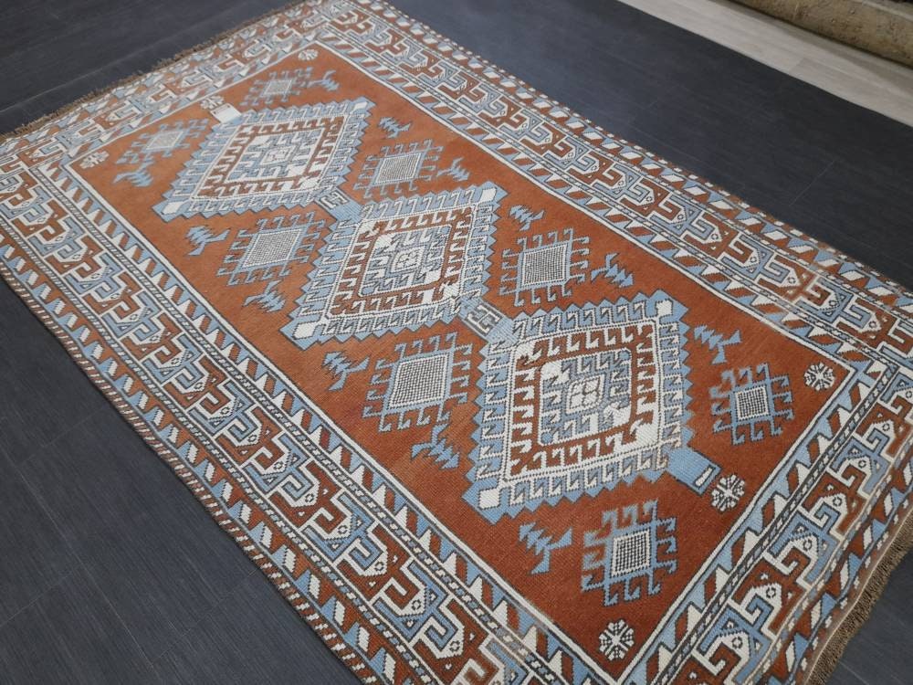 Turkish Rug 4.6 x 7.5 Vintage Oushak Rug Light Blue and Brown Vintage Rug Wool Muted Oushak Rug Hand Made Rugs Vintage Turkish Rug
