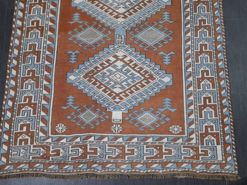 Turkish Rug 4.6 x 7.5 Vintage Oushak Rug Light Blue and Brown Vintage Rug Wool Muted Oushak Rug Hand Made Rugs Vintage Turkish Rug