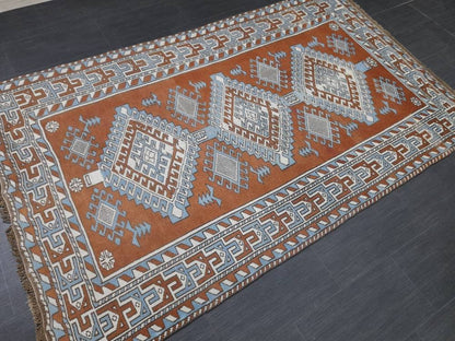 Turkish Rug 4.6 x 7.5 Vintage Oushak Rug Light Blue and Brown Vintage Rug Wool Muted Oushak Rug Hand Made Rugs Vintage Turkish Rug