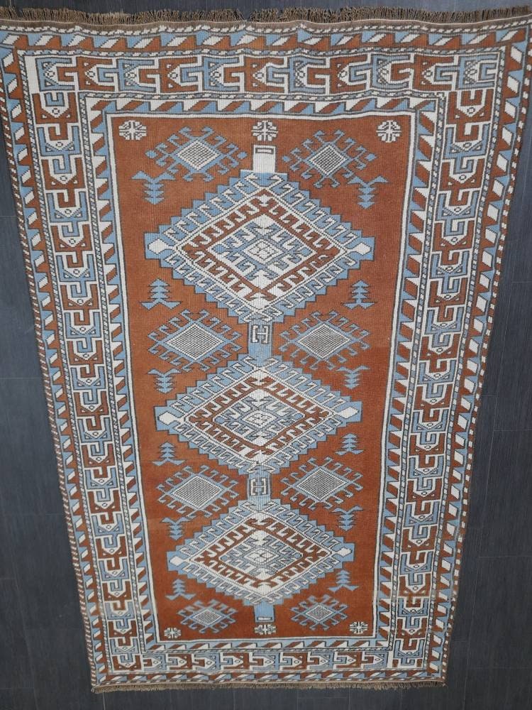Turkish Rug 4.6 x 7.5 Vintage Oushak Rug Light Blue and Brown Vintage Rug Wool Muted Oushak Rug Hand Made Rugs Vintage Turkish Rug