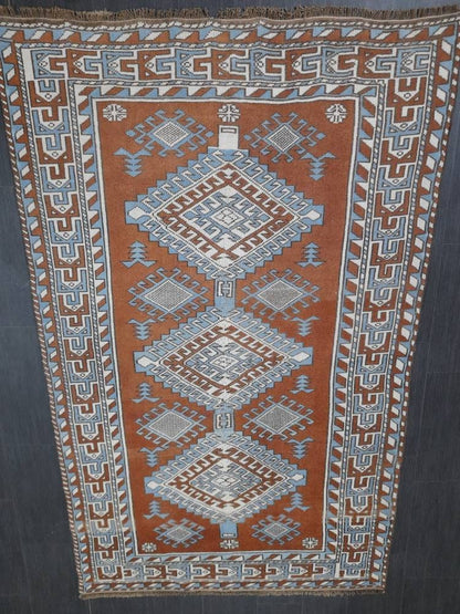 Turkish Rug 4.6 x 7.5 Vintage Oushak Rug Light Blue and Brown Vintage Rug Wool Muted Oushak Rug Hand Made Rugs Vintage Turkish Rug