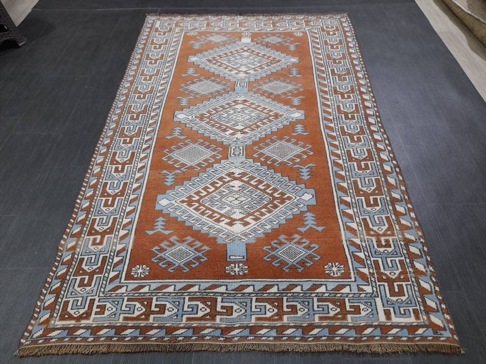 Turkish Rug 4.6 x 7.5 Vintage Oushak Rug Light Blue and Brown Vintage Rug Wool Muted Oushak Rug Hand Made Rugs Vintage Turkish Rug