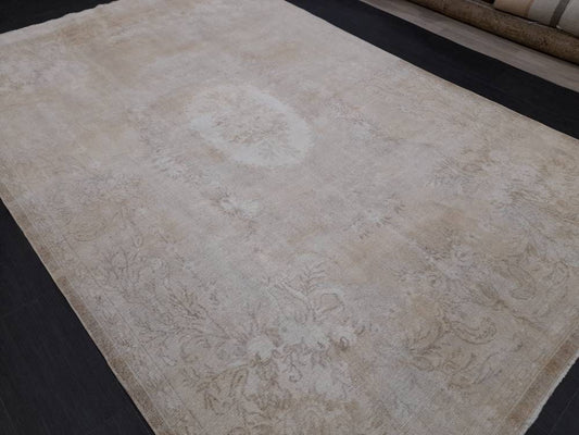 Neutral Rug Hand Knotted Rug Neutral Vintage Rug 6.6 x 10.3 Muted Oushak Rug Ivory Rustic Rug Beige Turkish Rug, Farmhouse Rug, Wool rug