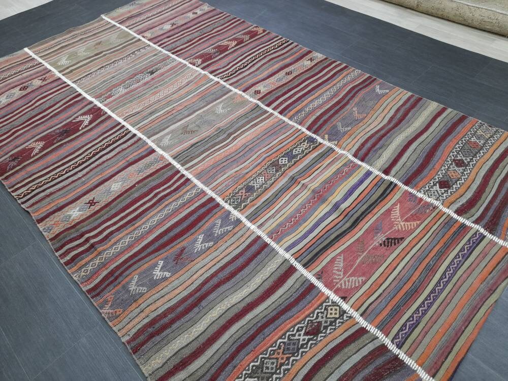 6x10 Vintage Rug Oriental Wool Rug Vintage Flat woven Rug Flatweave Carpet , Stripped Rug Handmade Boho Rug Farmhouse Rug Turkish Kilim Rug