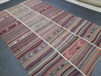 6x10 Vintage Rug Oriental Wool Rug Vintage Flat woven Rug Flatweave Carpet , Stripped Rug Handmade Boho Rug Farmhouse Rug Turkish Kilim Rug