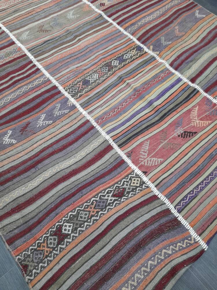 6x10 Vintage Rug Oriental Wool Rug Vintage Flat woven Rug Flatweave Carpet , Stripped Rug Handmade Boho Rug Farmhouse Rug Turkish Kilim Rug