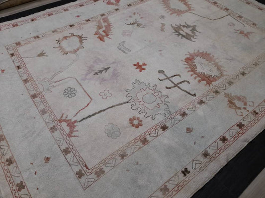 9 x 12.2 Muted Vintage OUSHAK RUG TURKISH Muted Oushak Rug, Vintage Rug Wool Oushak Rug Hand Made Rugs, Authentic Oushak Rug Pastel Colors