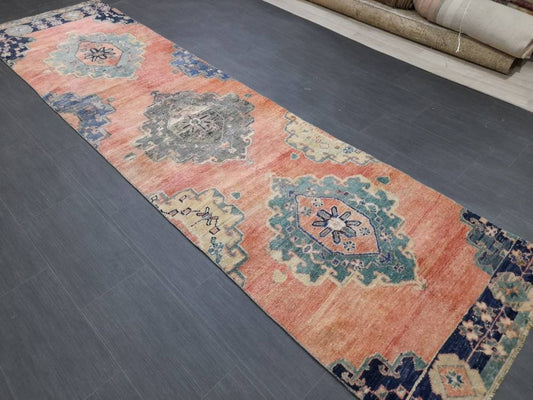 Vintage Runner Rug 2.9 x 11 Hallway Runner Kitchen Runner Rug Bold Colors Staircase Runner Rug Muted Oushak Rug XĹ Turkish Runner