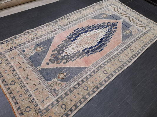 Blue and Pink Vintage Rug 5.2 x 10 Authentic Turkish Oushak Rug Hand Knotted Rug Rustic Rug, Wool Turkish Rug 5x10 Rug Oriental Rug