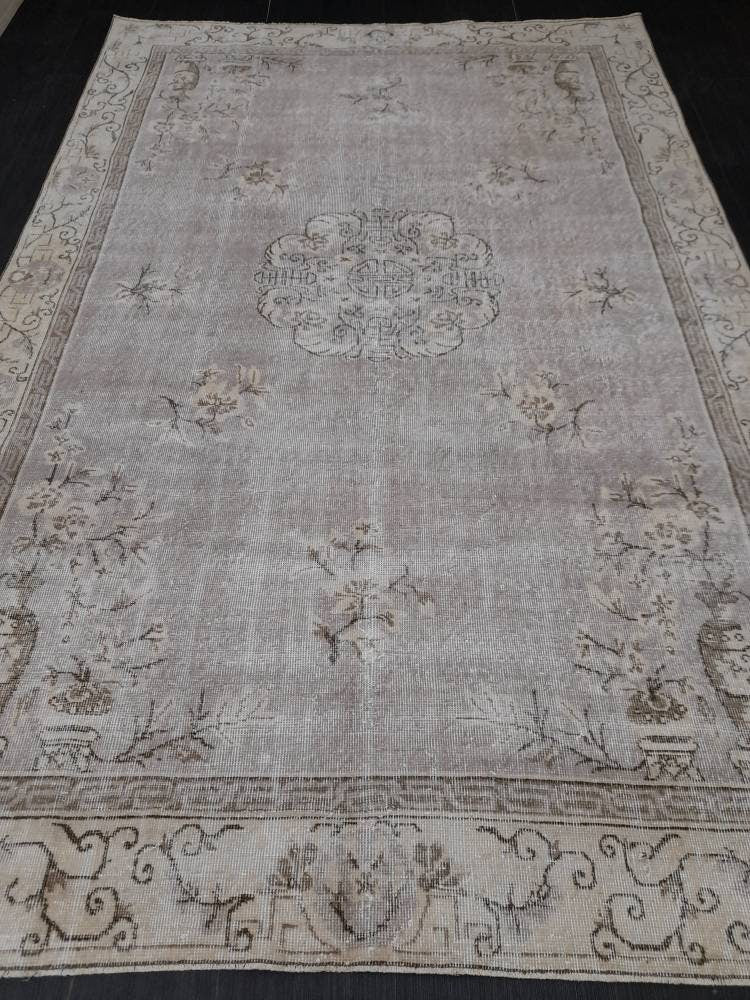 Muted Turkish Vintage Rug 6.5 x 10 Hand Knotted Oushak Rug Rustic Rug, Muted Rug, Vintage Turkish Rug Farmhouse Rug Vintage Rug Wool rug