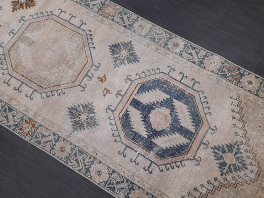Muted Turkish Runner Rug 3.8 x 13 Oushak Runner Rug Vintage Runner Rug Hallway Runner Kitchen Runner Rug Wool Runner Rug Oriental Runner
