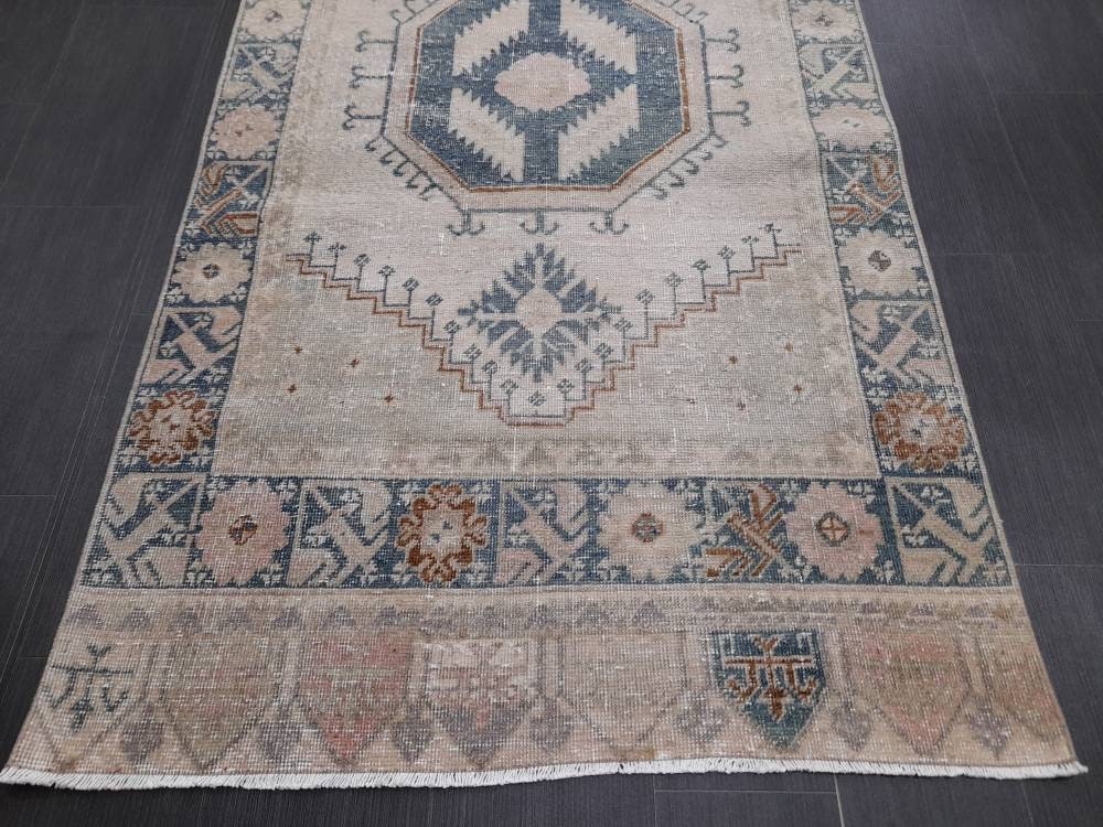 Muted Turkish Runner Rug 3.8 x 13 Oushak Runner Rug Vintage Runner Rug Hallway Runner Kitchen Runner Rug Wool Runner Rug Oriental Runner