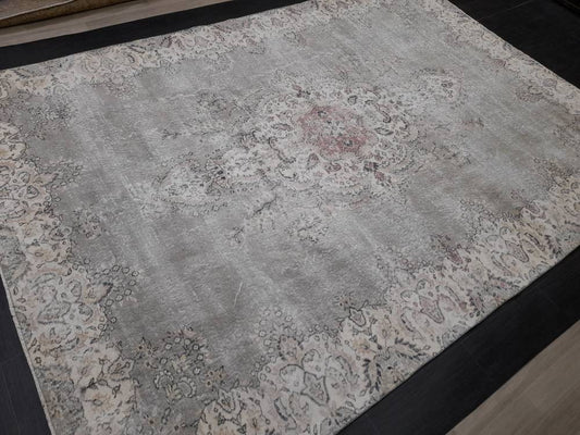 Turkish Rug 8 x 11 Large Area Rug Pastel color Vintage Rug HandMade Distressed Oushak Rug Muted Rug Grey-green Rug Wool Pile Rug Moss Green