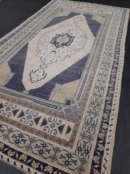 Vintage Hand Knotted Rug 3.9 x 7.4 Blue Oushak Rug Muted Rug, Vintage Turkish Rug, Oriental Rug, Vintage Rug,Soft Wool Navy Rug