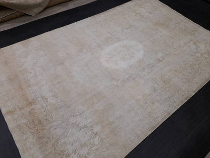 Neutral Rug Hand Knotted Rug Neutral Vintage Rug 6.6 x 10.3 Muted Oushak Rug Ivory Rustic Rug Beige Turkish Rug, Farmhouse Rug, Wool rug