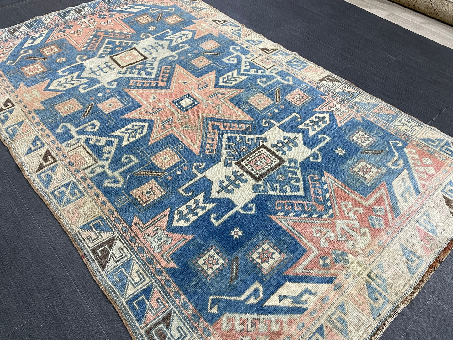 Muted Wool TURKISH Rug 4.6 x 7.4 Blue Vintage Persian Rug Vintage Oriental Rug Vintage Hand Made Rug Wool Vintage Oushak Rug