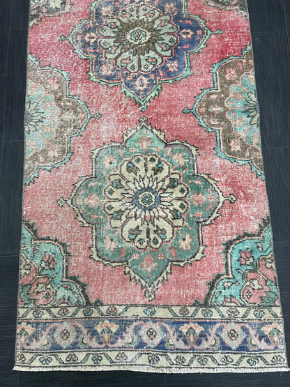 Muted Vintage Runner Rug Vintage Oushak Runner Rug 3 x 12.5  Hallway Runner Rug Turkish Kitchen Runner Rug Antique Wool Oriental Runner Rug