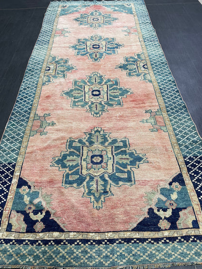 Turkish Oushak Runner 4.2 x 10 Rug Turkish Runner Rug Vintage Runner Rug Hallway Runner Rug Kitchen Runner Rug Wool Runner Navy Green