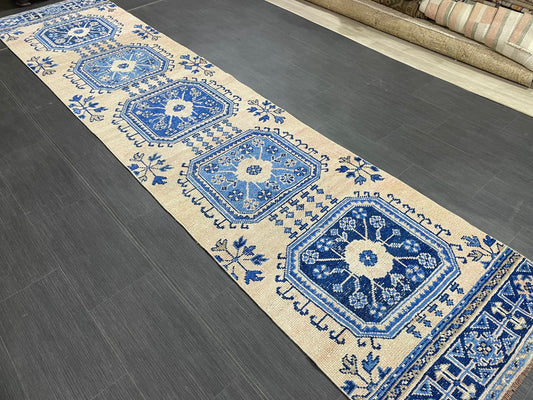 Blue and Blue Vintage Runner Rug Vintage Oushak Runner Rug 2.7 x 12  Hallway Runner Rug Turkish Kitchen Runner Antique Oriental Runner Rug